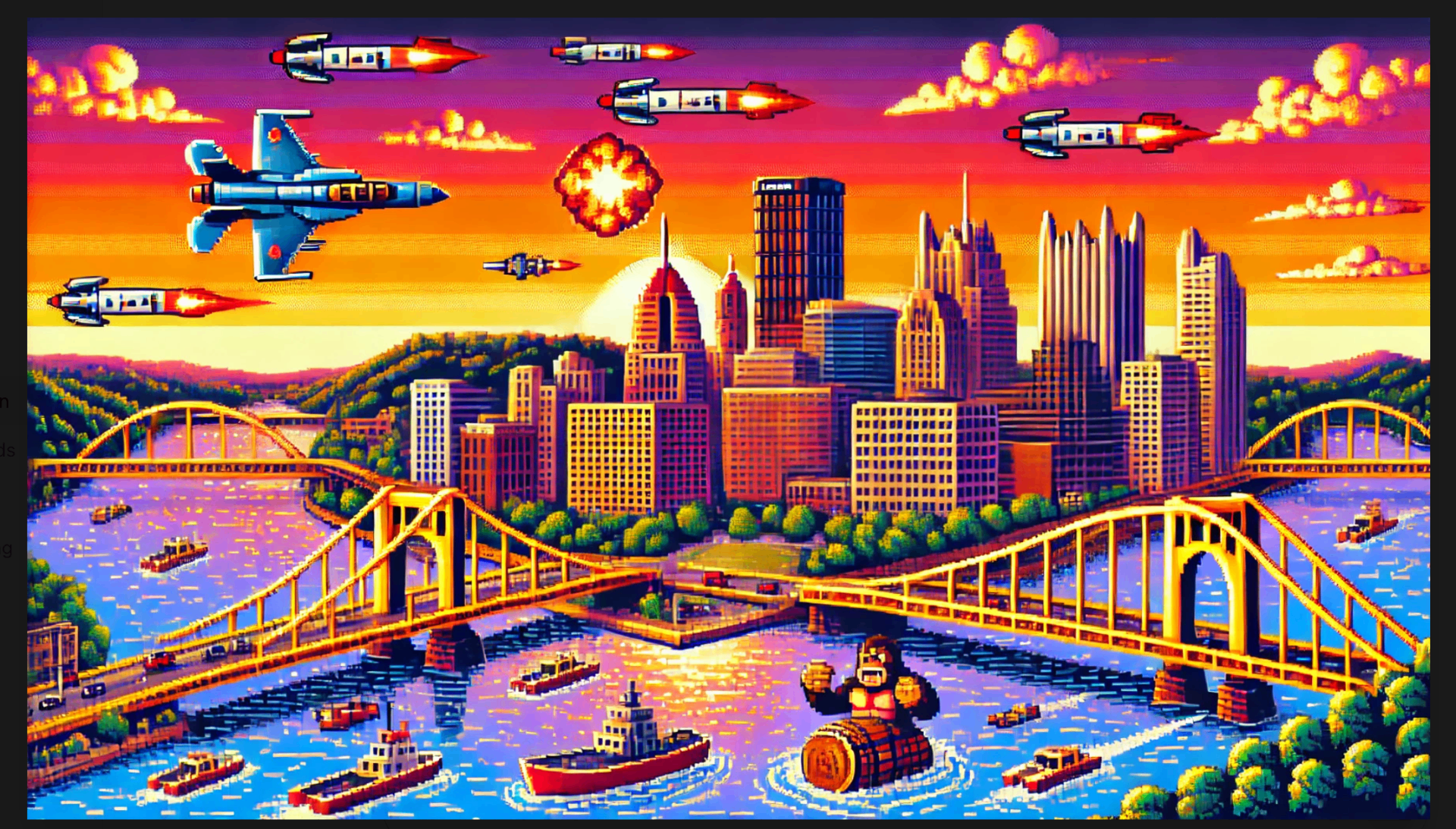 Pixel art Pittsburgh skyline with arcade-style jets and rockets at sunset